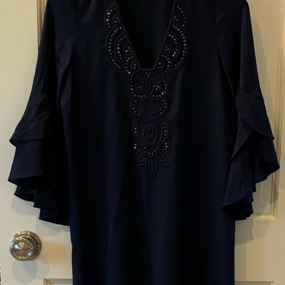 Lilly Pulitzer Women's Blue V-Neck Tatiana Beaded Silk Tunic Dress